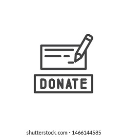 Bank Cheque Donate Line Icon. Linear Style Sign For Mobile Concept And Web Design. Donate Check And Pen Outline Vector Icon. Charity Symbol, Logo Illustration. Vector Graphics