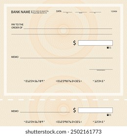 Bank cheque with guilloche pattern and place to write amount and personal signature, award template bill with line watermark, checkbook or voucher for payment, security pay design, vector illustration