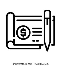 Bank cheque payment outline icon. Bank cheque book with pen. For business and payments presentation. Vector Illustration.
