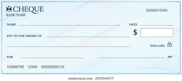 Bank cheque template with watermark. Blank chequebook check vector mockup with blue guilloche pattern background. Finance payment document, bank cheque, money certificate, voucher with wavy watermark