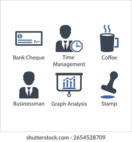 Cheque bancario, Gestión de tiempo, Café, Hombre de negocios, Análisis de gráficos, Sello, Icono