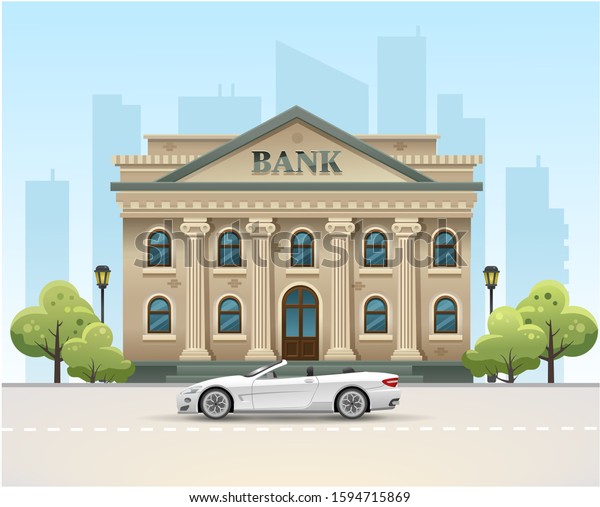 Bank in the city. The car\
is at the bank. Money in the bank. Bank building. Vector\
illustrations.