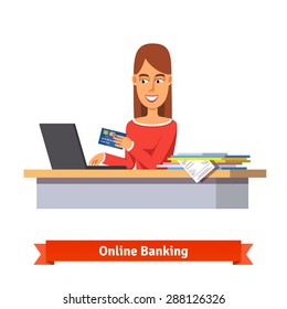 Bank Clerk At The Table Issuing A Credit Card. Woman Paying A Bill Online On A Laptop. Bills And Papers Heap. Flat Vector Illustration.