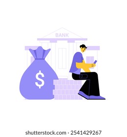 Bank Client Checking Mobile Banking App With Money Bag In Flat Vector Illustration Symbolizing Digital Banking And Wealth Management, Isolated On White Background