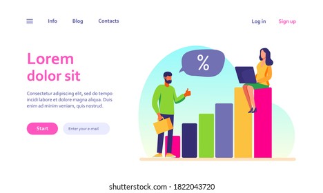 Bank client and manager discussing interest rate. People talking, using laptop, growth bar chart flat vector illustration. Finance, loan concept for banner, website design or landing web page