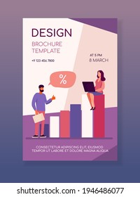 Bank client and manager discussing interest rate. People talking, using laptop, growth bar chart flat vector illustration. Finance, loan concept for banner, website design or landing web page