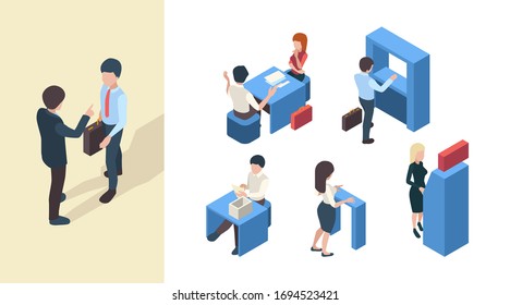 Bank clients. Business service managers reception banking customers office open spaces vector isometric people