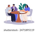 Bank clients consult with financial adviser. Customers and consultant at desk, applying documents for loan, mortgage, credit. Finance department. Flat vector illustration isolated on white background