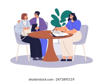 Bank clients consult with financial adviser. Customers and consultant at desk, applying documents for loan, mortgage, credit. Finance department. Flat vector illustration isolated on white background