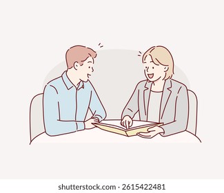 Bank clients consult with financial adviser. Customer and consultant at desk, applying documents for loan, mortgage, credit. Finance department. Hand drawn style vector design illustrations.