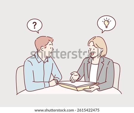 Bank clients consult with financial adviser. Customer and consultant at desk, applying documents for loan, mortgage, credit. Finance department. Hand drawn style vector design illustrations.
