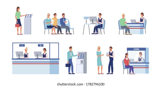 Bank Clients Service. Banking Office, Counter And Client Service. Cash Desk, Cashier Atm Professional Loan Consultant Vector Illustration