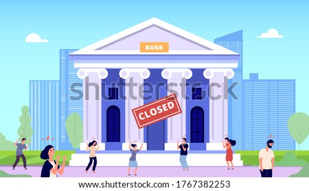 Bank closed. Financial crisis, people bankrupt. Angry crowd on street government buildings. Flat frustrated man woman without money, difficult banking investment situation vector