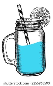 Bank with a cocktail. Pencil drawing for the menu. Coloring. Sketch