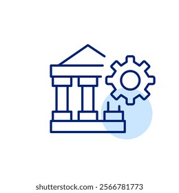 Bank and cogwheel. Banking system configuration, operational efficiency and customizable financial services. Pixel perfect, editable stroke icon