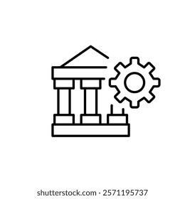 Bank and cogwheel. Banking system configuration, operational efficiency and customizable financial services. Pixel perfect vector icon