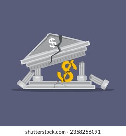 Bank collapse and breakdown of financial institution architecture. Crisis and problem of bank. illustration vector cartoon.