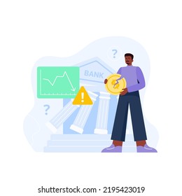 Bank Collapse Concept. The Financial Crisis, Economic Recession, Bankruptcy, Depression. A Man Loses His Savings And Has No Money. Vector Flat Illustration.