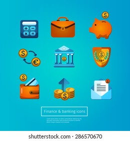 Bank collection, finance set, business icons flat design.