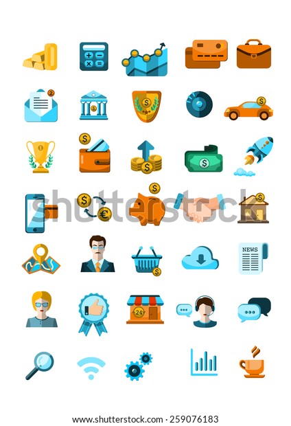 Bank collection, finance set,
business icons flat design. App icons man and woman, business
collection, office elements App icons, web ideas, office
elements