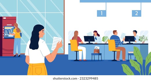 Bank composition with indoor scenery of bank branch with waiting people withdrawing money talking with clerks vector illustration