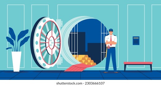 Bank composition with indoor view of safe bank storage with circle door golden bars and guard vector illustration