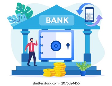 Bank concept flat style vector illustration. Business income, finance, saving money and wealth. Deposits, loans and cash services.