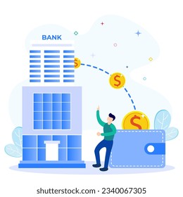 Ilustración vectorial de estilo plano de concepto bancario. Ingresos empresariales, finanzas, ahorro de dinero y riqueza. Depósitos, préstamos y servicios de caja.