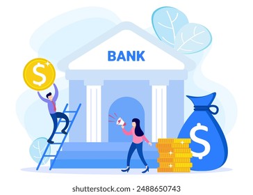 Concepto de banco Ilustración vectorial de estilo plano. Ingresos de negocios, finanzas, ahorro de dinero y riqueza. Depósitos, préstamos y servicios de caja.