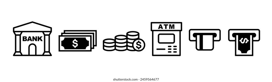 Bankkonzept-Symbolsatz. Finanzinstitut, Dollarnoten, Münzen und Geldautomaten.