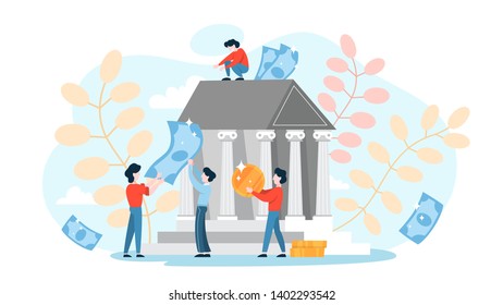 Bank concept. Idea of finance, money investment. Building with column. People carrying currency. Vector illustration in cartoon style