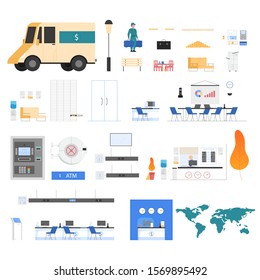 Bank concept illustration. Idea of financial operations, money investment and transfer, payment and consultation. Set of banking isolated line vector illustration