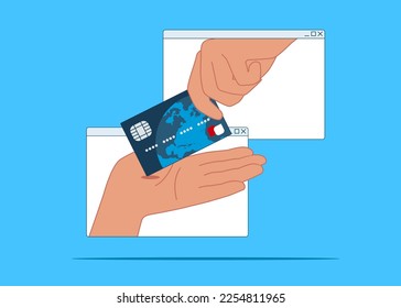 Bank concept with two hands coming out of browser pass each other a Bank card. Online payment on online money or money transfer. Modern vector illustration in flat style.