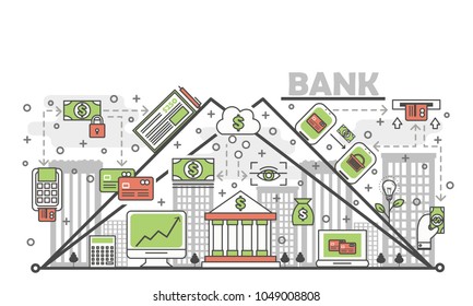 Bank concept vector illustration. Modern thin line art flat style design element with banking symbols, icons for website banners and printed materials.