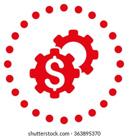 Bank Configuration vector icon. Style is flat circled symbol, red color, rounded angles, white background.
