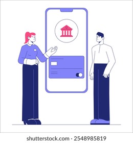 Bank Consultant Explaining Mobile App Features To Male Client In Flat Vector Illustration Symbolizing Digital Banking And Financial Assistance, Isolated On White Background.