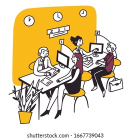 Bank consultant talking to customer. Client consulting employees at reception chart flat vector illustration. Office, service, business concept for banner, website design or landing web page
