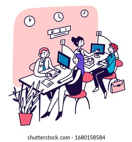 Bank consultant talking to customer. Client consulting employees at reception chart flat vector illustration. Office, service, business concept for banner, website design or landing web page