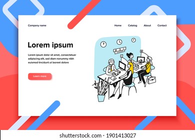 Bank consultant talking to customer. Client consulting employees at reception chart flat vector illustration. Office, service, business concept for banner, website design or landing web page