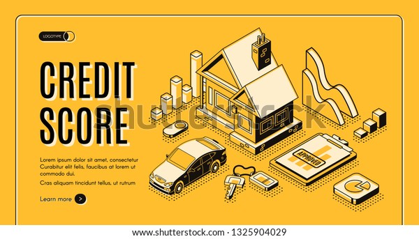 Bank consumer credit isometric vector promo web\
banner with cottage house, car, approved loan application document\
line art illustration. Personal credit rating score service landing\
page template
