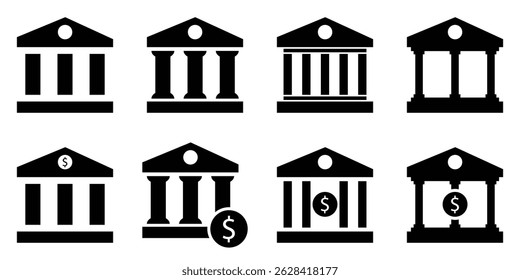 Conjunto de iconos de banco y juzgado: símbolos de Vector planos y de colores para finanzas, gobierno y diseño legal de interfaz de usuario