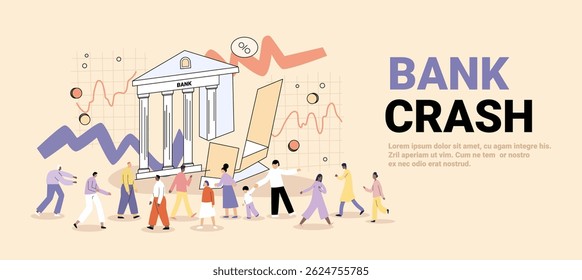 Bank crash financial crisis people fleeing collapsing building charts panic crowd abstract pastel background website banner