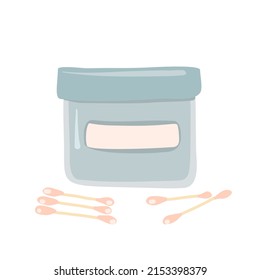 Bank of cream. Cosmetic product for face, body. Natural cosmetics for care. Cotton buds. Illustration for magazine, catalog, web.

