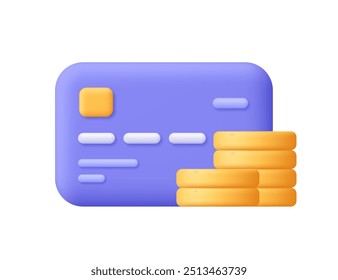 Bank credit card and coin stacks. Business and finance, cashless payment,  transaction concept. 3d vector icon. Cartoon minimal style.