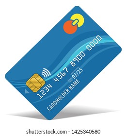 Bank Credit Card with contactless pay technology standing on the corner blue color realistic style icon for payment front view isolated. Contact less Payment method design concept. Vector illustration