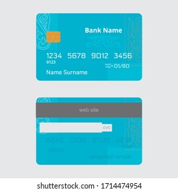 Bank Credit Card Design With Oriental Ornament On A Blue Background.