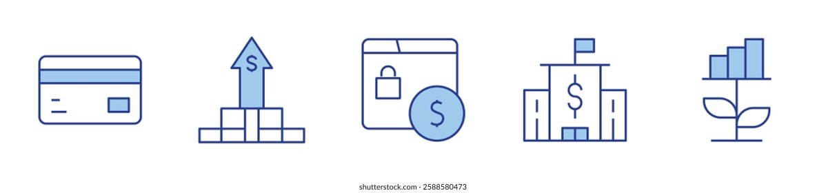 bank, credit card, dollar bill, growth, internet banking. Banking Icon vector illustration. Line Duotone style. Editable stroke.