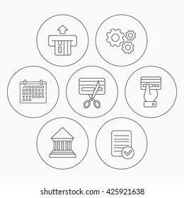 Bank credit card, expired card icons. Give credit card linear sign. Check file, calendar and cogwheel icons. Vector
