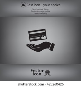 Bank credit card with hand, vector illustration. Flat design style