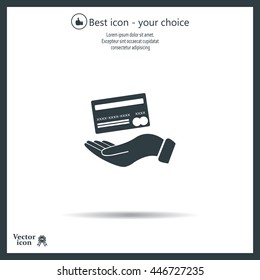 Bank credit card with hand, vector illustration. Flat design style